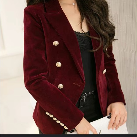 Jackets & Blazers - Maroon/Burgundy Velvet Blazer with Gold Buttons M